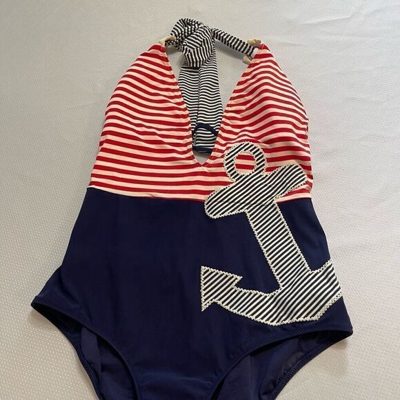 Retro Nanette Lepore One Piece Nautical Sailing Stripped Womens Swimsuit Large - Picture 2 of 7
